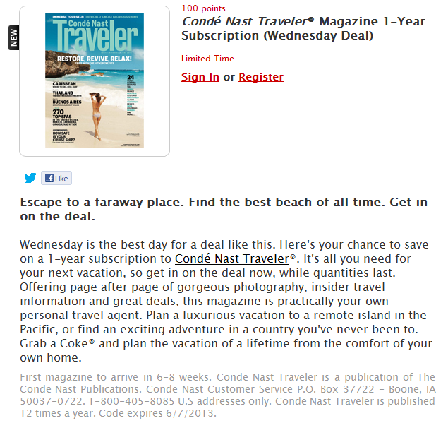 120801 MyCokeReward Conde Nast Traveler Offer