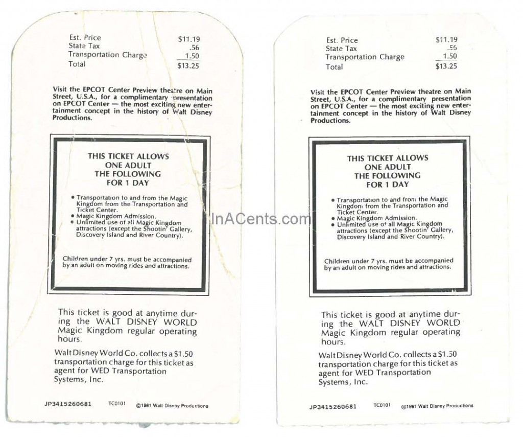 1982 Walt Disney World Tickets Rear