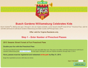 Busch Gardens Williamsburg Preschool Passes