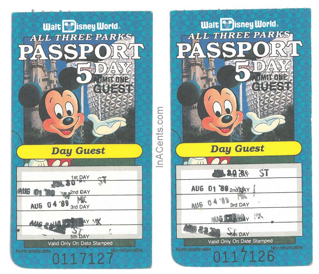 1989 Walt Disney World 5-Day Passport Tickets - InACents.com