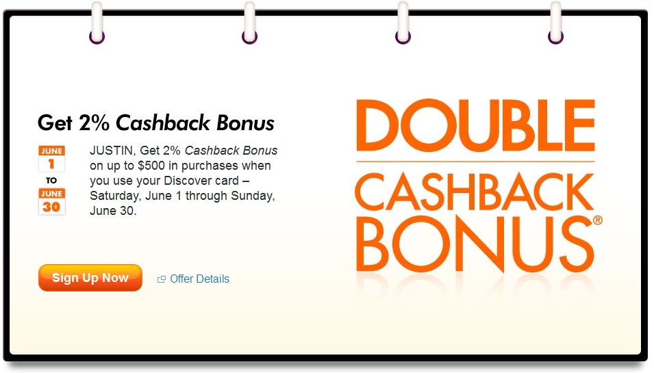 Discover Card 2 Cashback BonusDouble Miles in June 2013